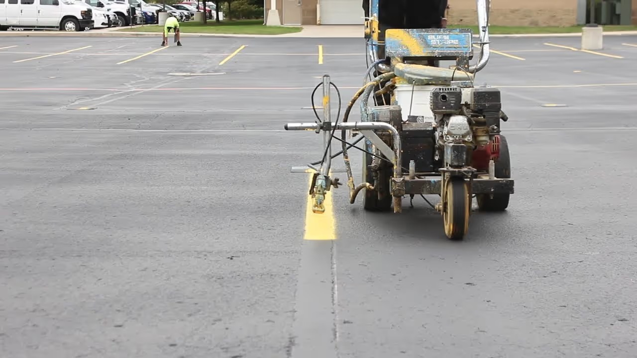 Striping machine laying a fresh bright yellow line across a sealcoated commercial parking lot